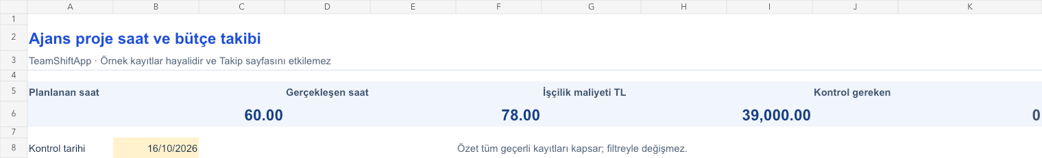 Ajans proje saat ve bütçe takibi: örnek kayıtlarla hesaplanan özet