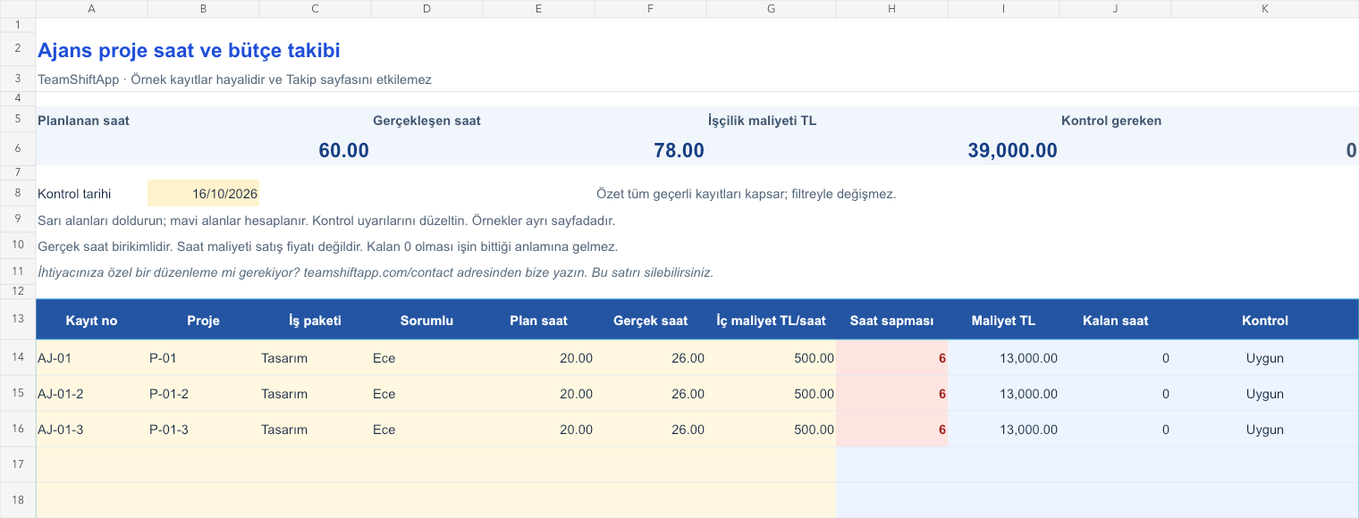 Ajans proje saat ve bütçe takibi: örnek kayıtlar ve formül sonuçları