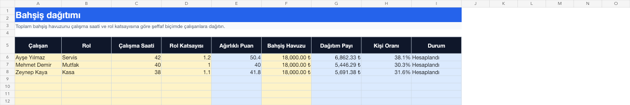 Bahşiş dağıtımı Excel takip sayfası gerçek ekran görüntüsü
