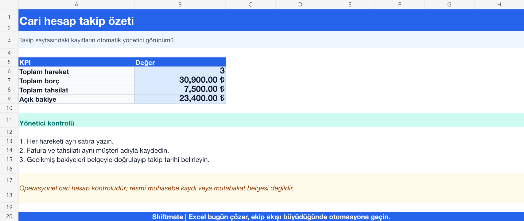 Cari hesap takibi Excel yönetici özeti gerçek ekran görüntüsü