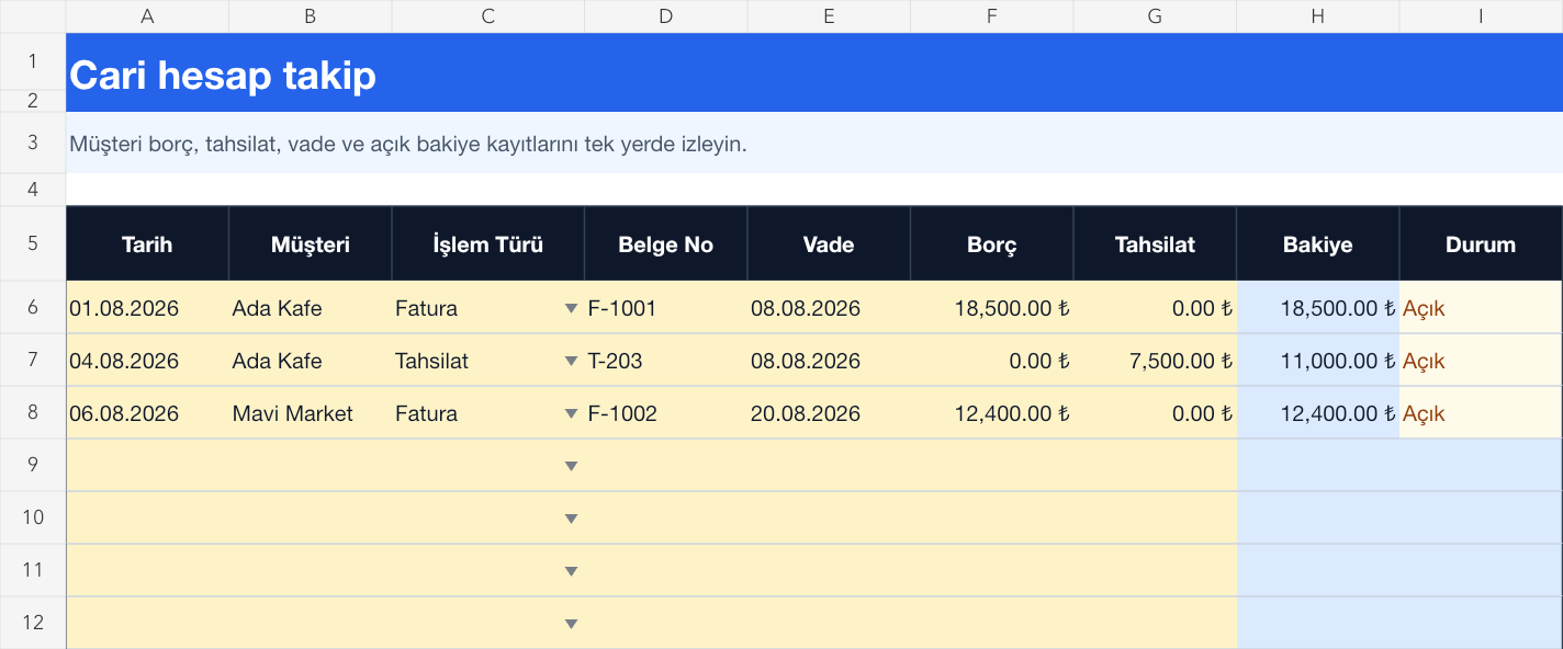 Cari hesap takibi Excel takip sayfası gerçek ekran görüntüsü