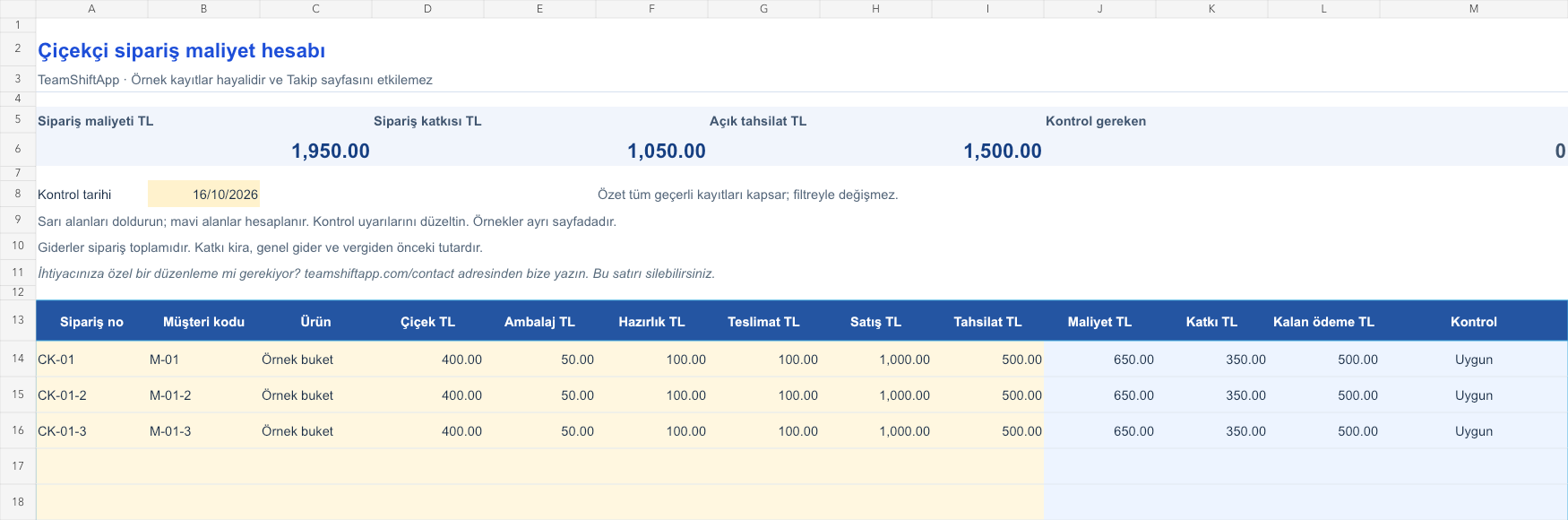 Çiçekçi sipariş maliyet hesabı: örnek kayıtlar ve formül sonuçları