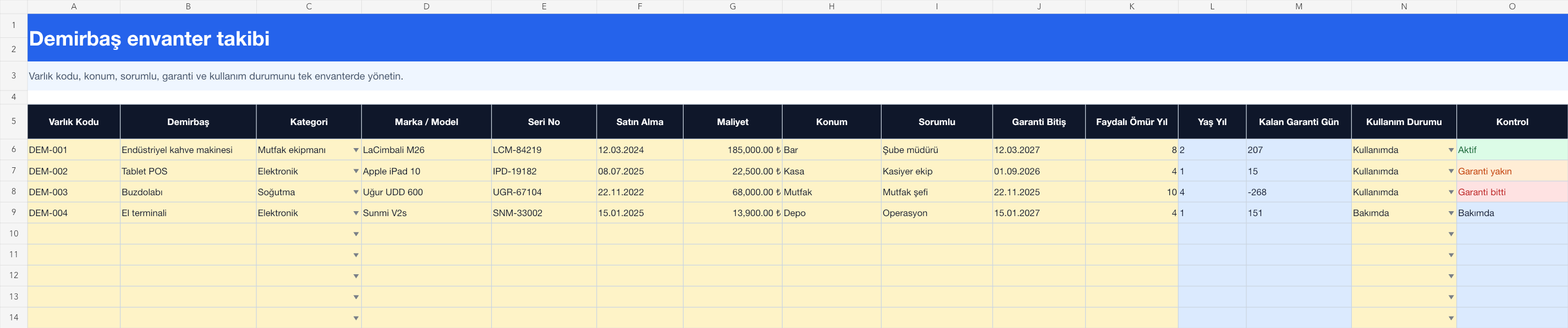 Demirbaş envanter takibi Excel takip sayfası gerçek ekran görüntüsü
