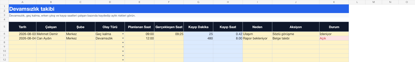 Devamsızlık takibi Excel takip sayfası gerçek ekran görüntüsü