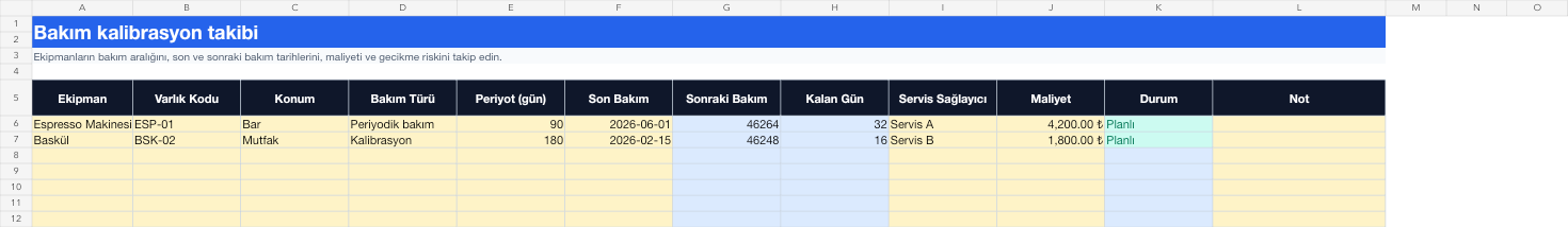 Bakım kalibrasyon takibi Excel takip sayfası gerçek ekran görüntüsü