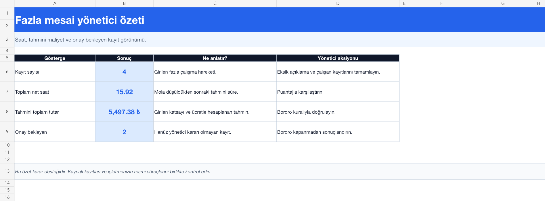 Fazla mesai takip çizelgesi Excel yönetici özeti gerçek ekran görüntüsü