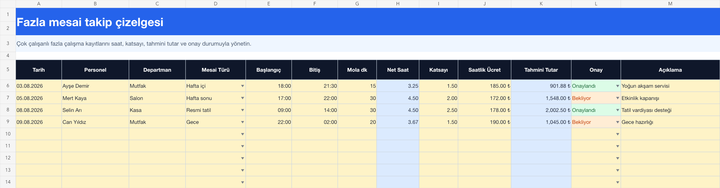 Fazla mesai takip çizelgesi Excel takip sayfası gerçek ekran görüntüsü