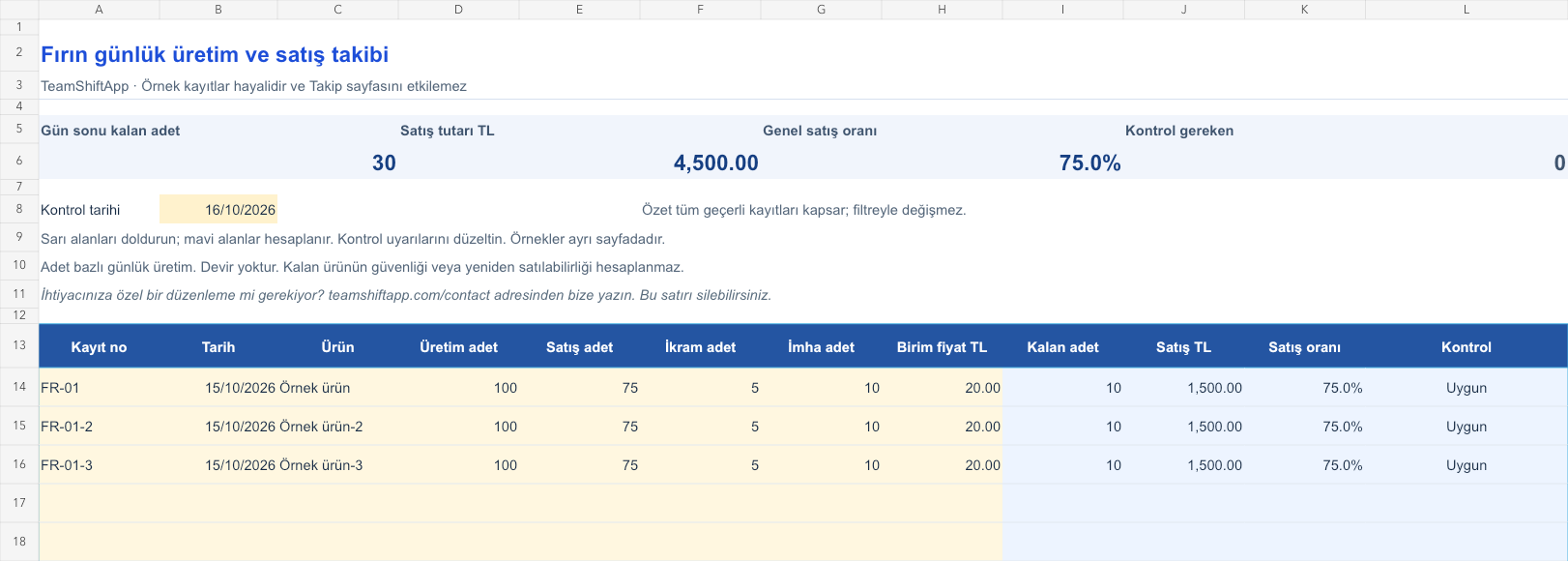 Fırın günlük üretim ve satış takibi: örnek kayıtlar ve formül sonuçları