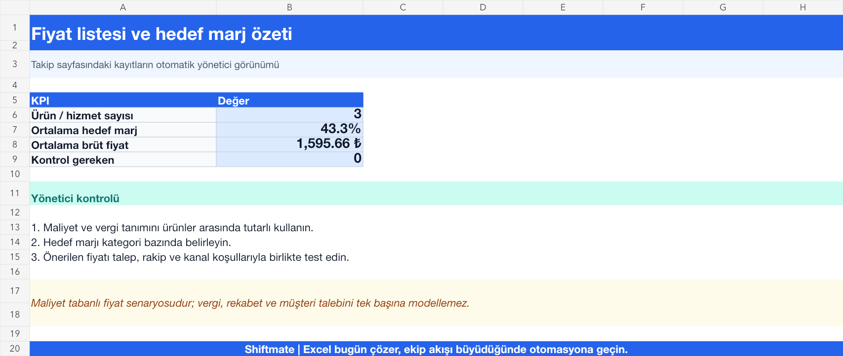 Fiyat listesi şablonu Excel yönetici özeti gerçek ekran görüntüsü