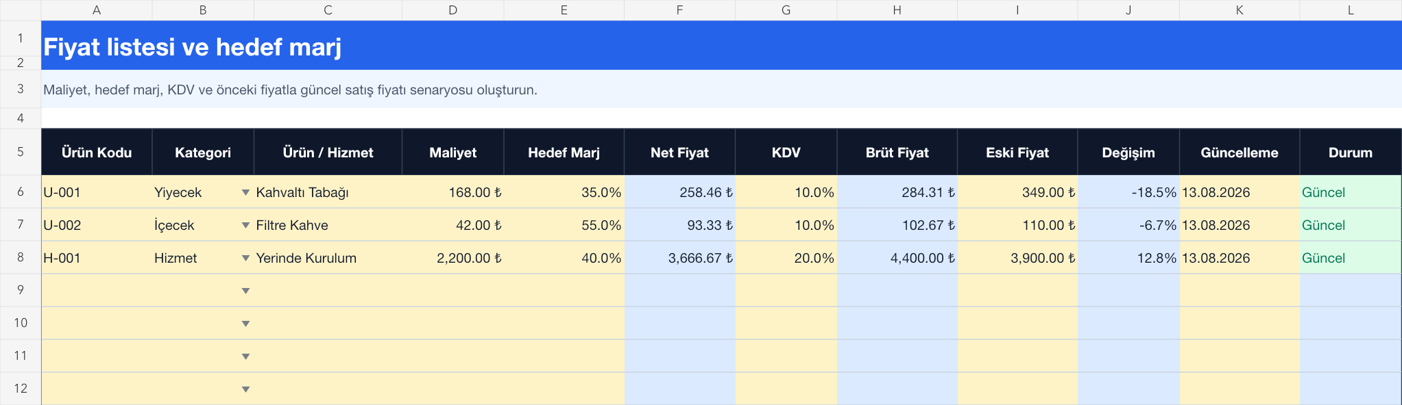 Fiyat listesi şablonu Excel takip sayfası gerçek ekran görüntüsü