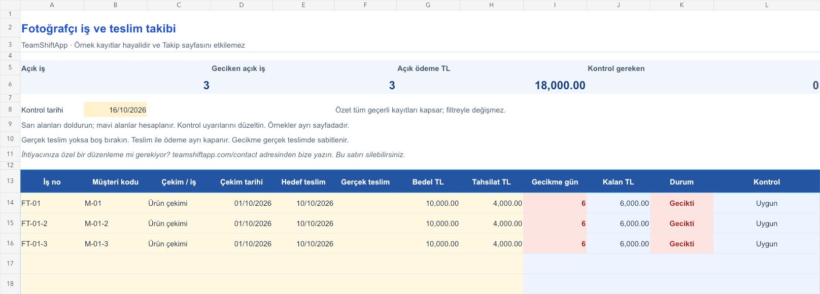 Fotoğrafçı iş ve teslim takibi: örnek kayıtlar ve formül sonuçları