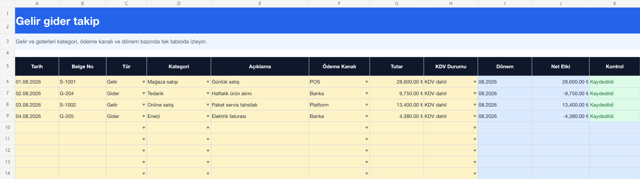 Gelir gider takibi Excel takip sayfası gerçek ekran görüntüsü