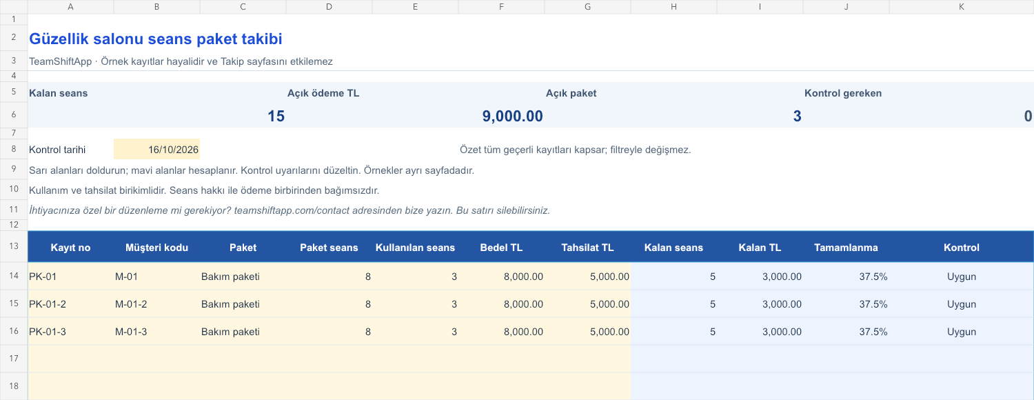 Güzellik salonu seans paket takibi: örnek kayıtlar ve formül sonuçları