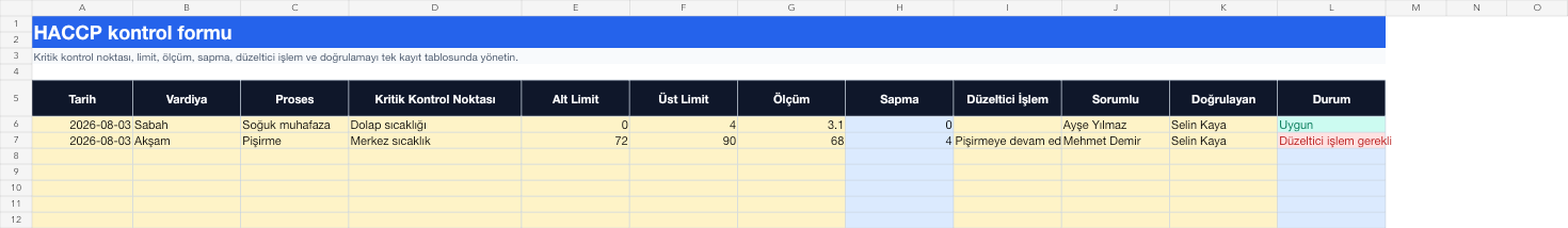 HACCP kontrol formu Excel takip sayfası gerçek ekran görüntüsü