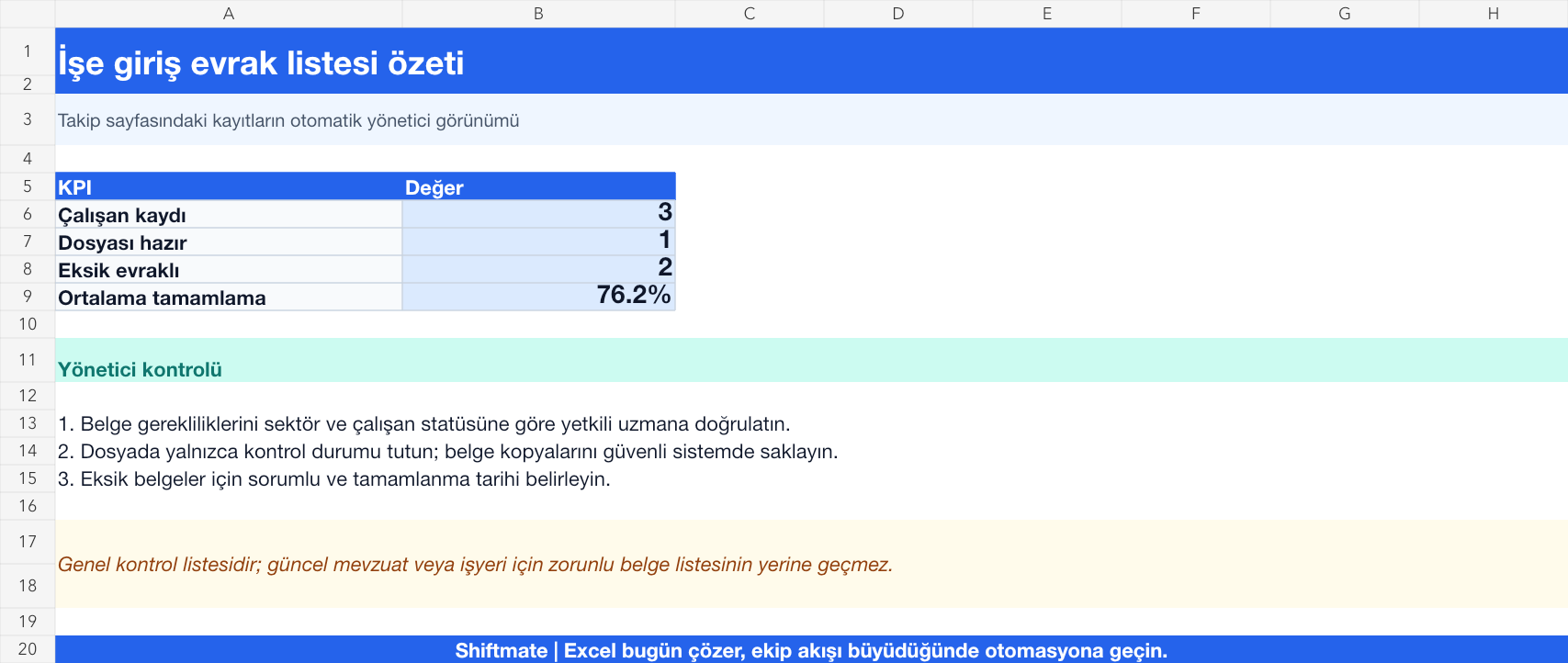 İşe giriş evrak listesi Excel yönetici özeti gerçek ekran görüntüsü