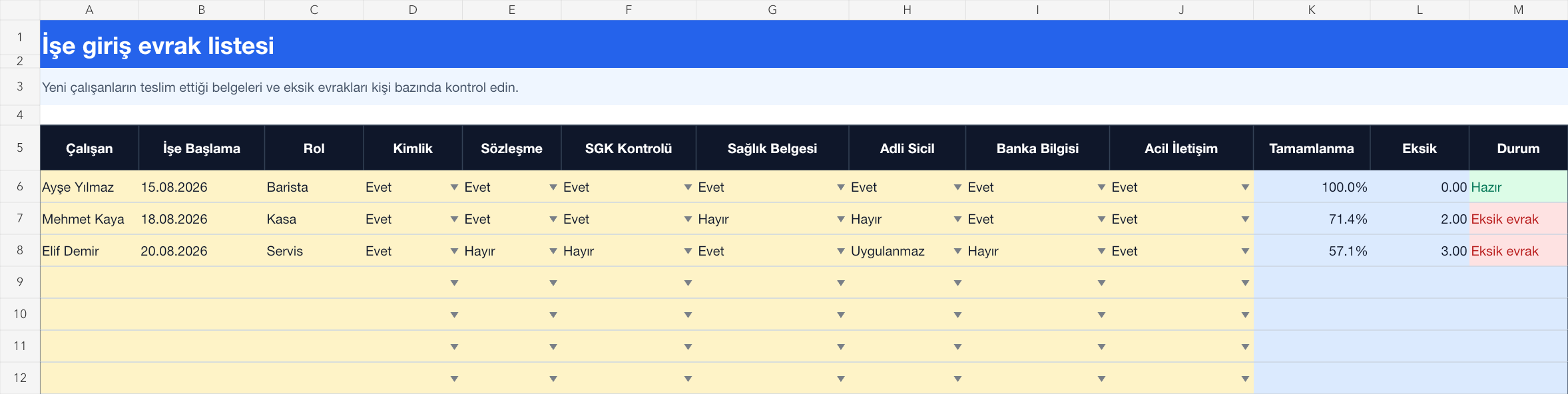 İşe giriş evrak listesi Excel takip sayfası gerçek ekran görüntüsü