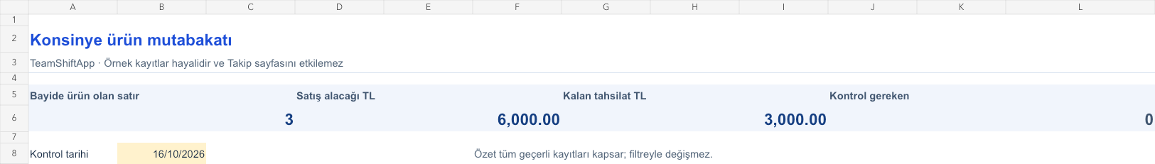 Konsinye ürün mutabakatı: örnek kayıtlarla hesaplanan özet
