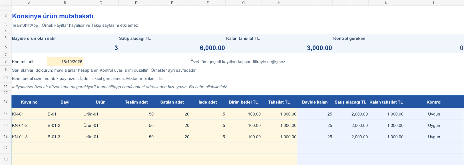 Konsinye ürün mutabakatı: örnek kayıtlar ve formül sonuçları