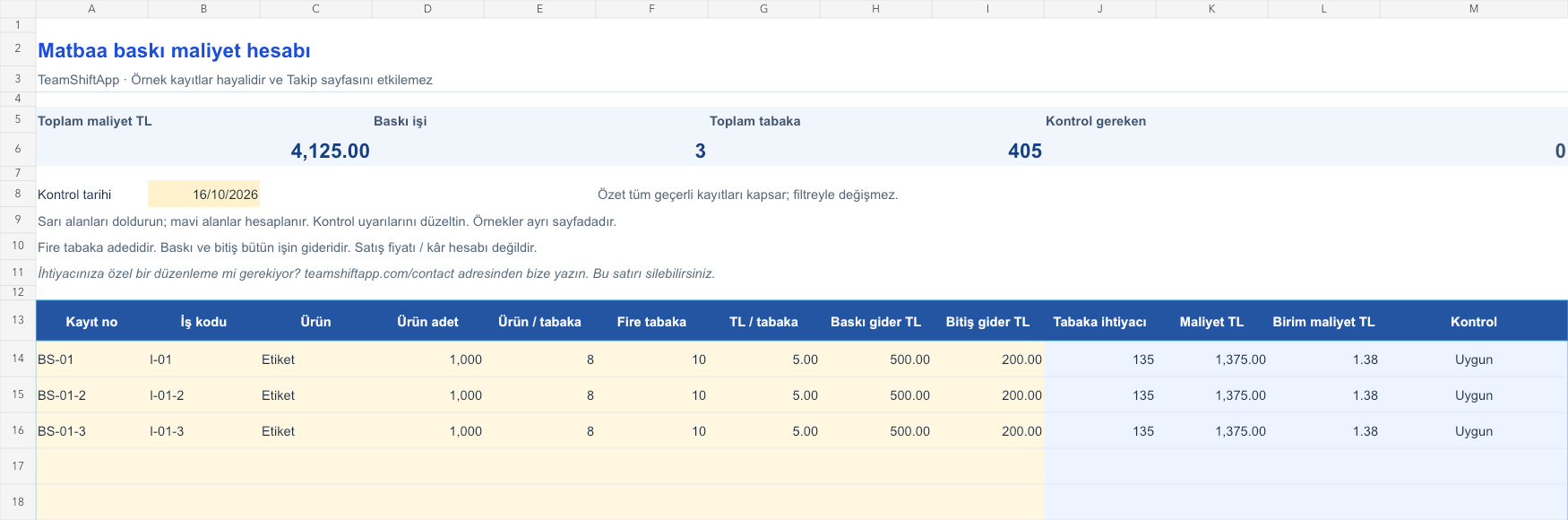 Matbaa baskı maliyet hesabı: örnek kayıtlar ve formül sonuçları
