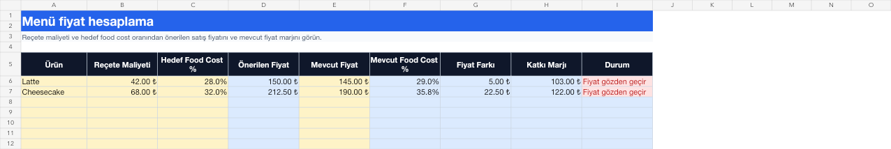 Menü fiyat hesaplama Excel takip sayfası gerçek ekran görüntüsü