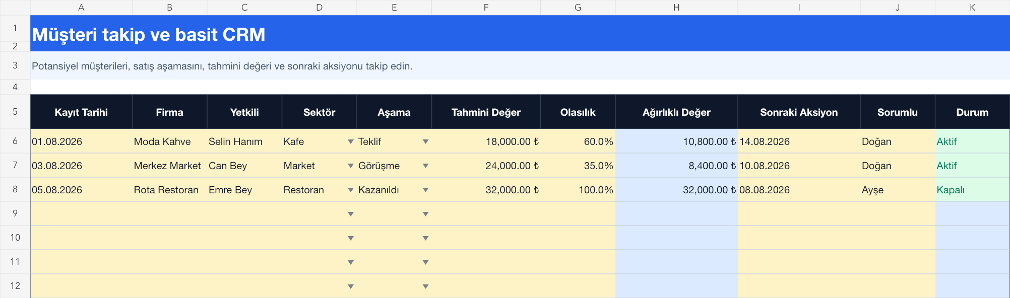 Müşteri takip CRM Excel takip sayfası gerçek ekran görüntüsü
