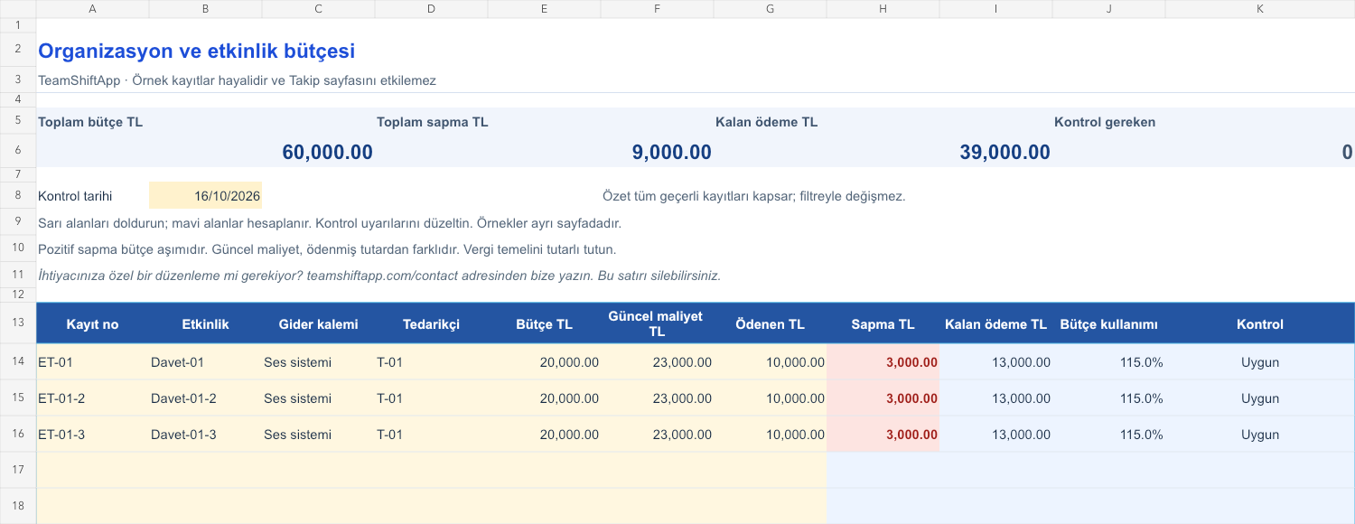 Organizasyon ve etkinlik bütçesi: örnek kayıtlar ve formül sonuçları