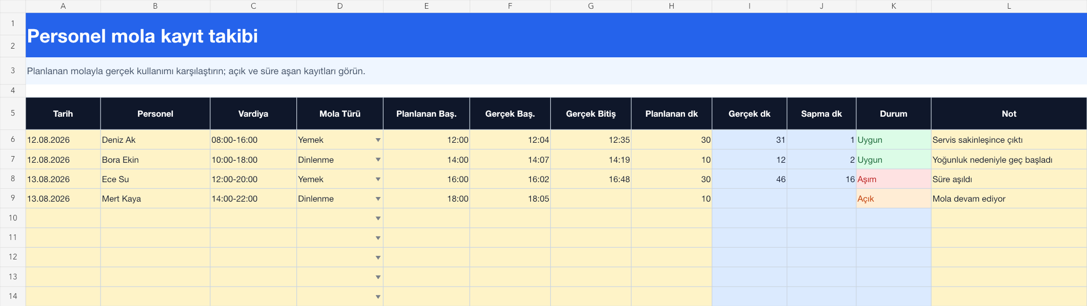 Personel mola kayıt takibi Excel takip sayfası gerçek ekran görüntüsü