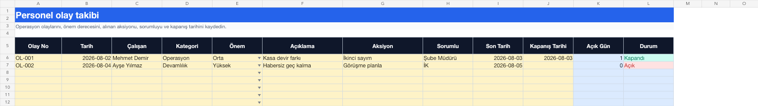 Personel olay takibi Excel takip sayfası gerçek ekran görüntüsü