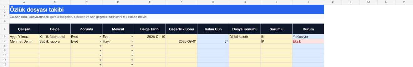 Özlük dosyası takibi Excel takip sayfası gerçek ekran görüntüsü