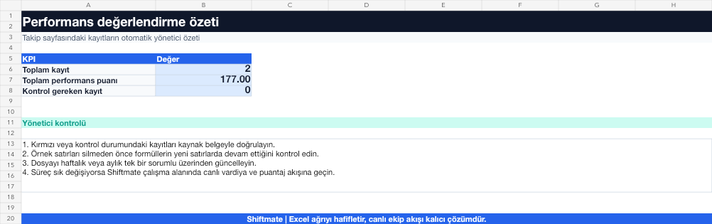 Performans değerlendirme Excel yönetici özeti gerçek ekran görüntüsü