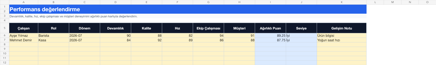 Performans değerlendirme Excel takip sayfası gerçek ekran görüntüsü