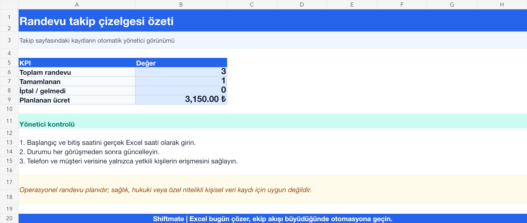 Randevu takip çizelgesi Excel yönetici özeti gerçek ekran görüntüsü