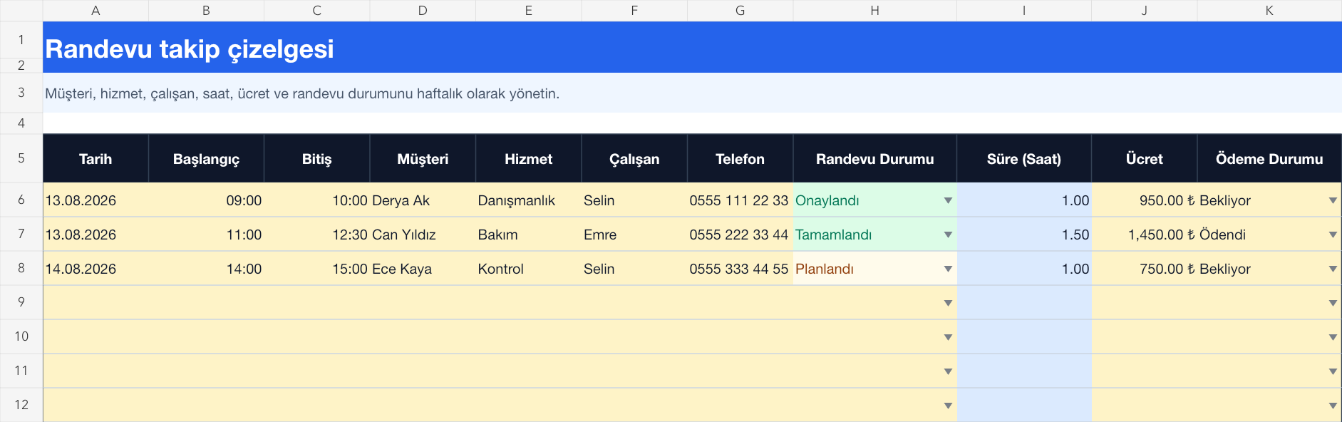 Randevu takip çizelgesi Excel takip sayfası gerçek ekran görüntüsü
