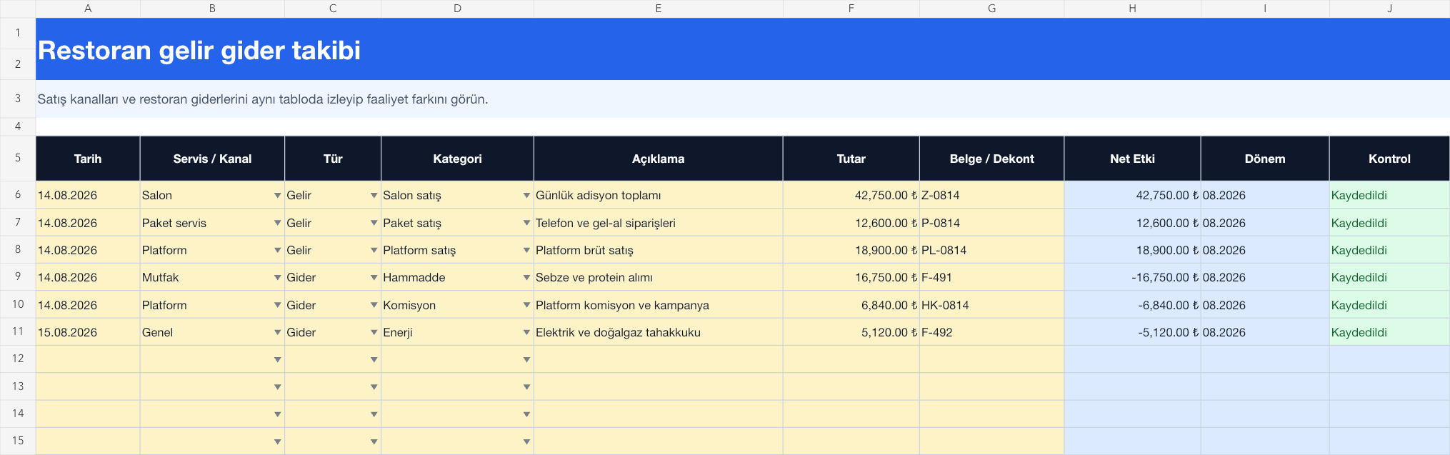 Restoran gelir gider takibi Excel takip sayfası gerçek ekran görüntüsü