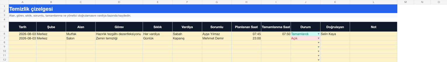 Temizlik çizelgesi Excel takip sayfası gerçek ekran görüntüsü