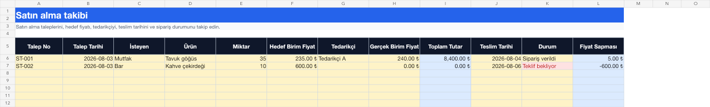Satın alma takibi Excel takip sayfası gerçek ekran görüntüsü