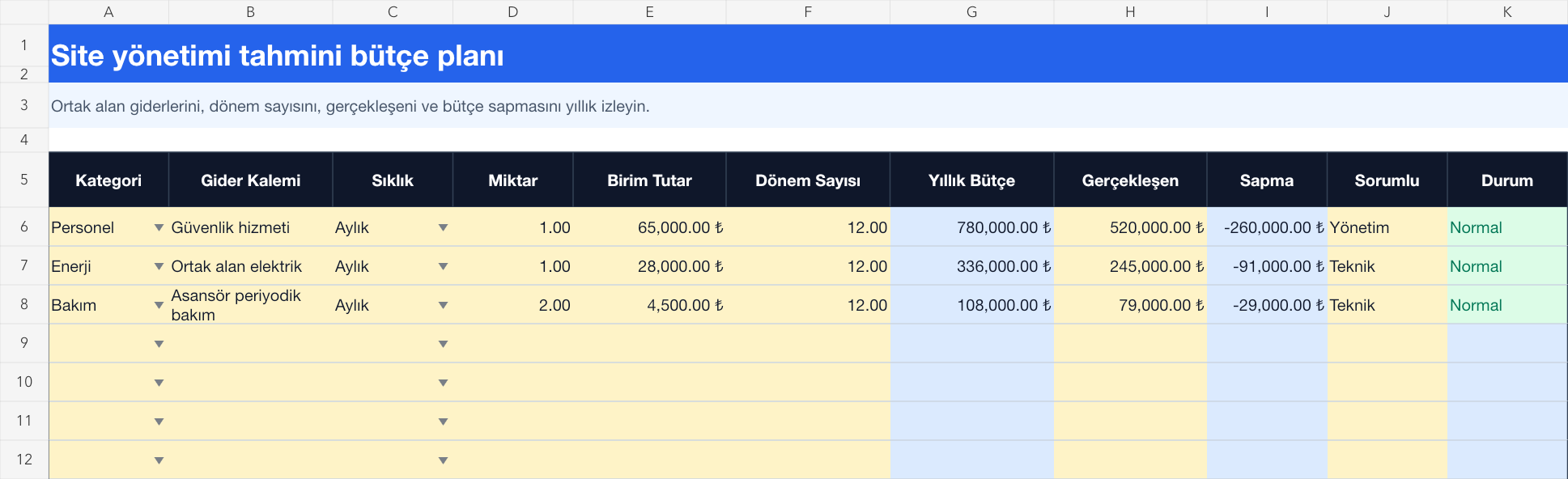 Site yönetimi bütçe planı Excel takip sayfası gerçek ekran görüntüsü