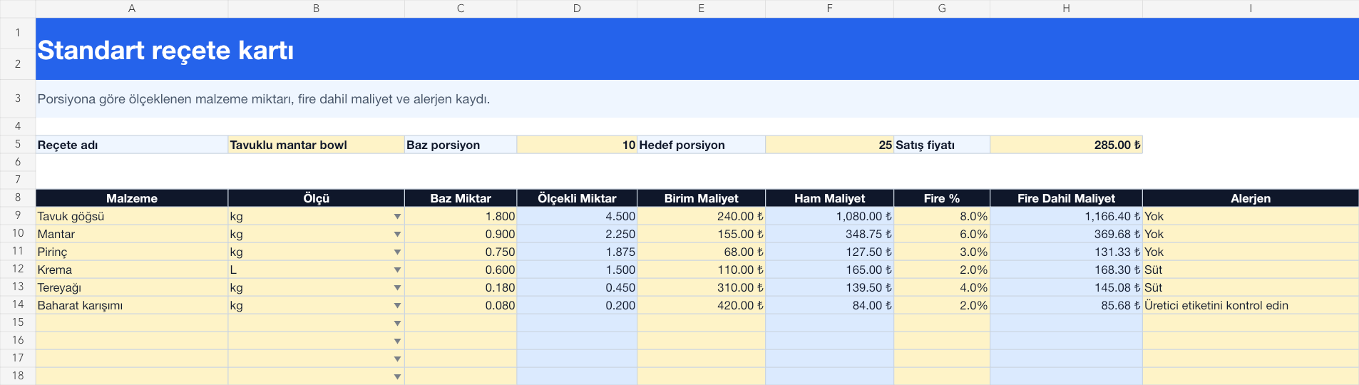 Standart reçete kartı Excel takip sayfası gerçek ekran görüntüsü
