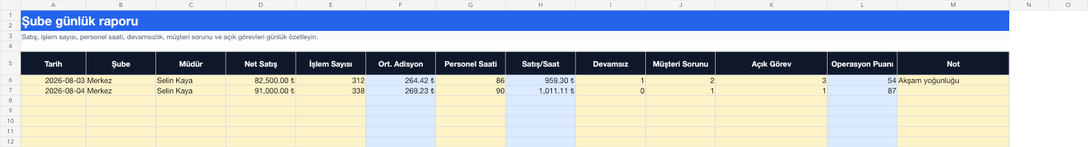 Şube günlük raporu Excel takip sayfası gerçek ekran görüntüsü