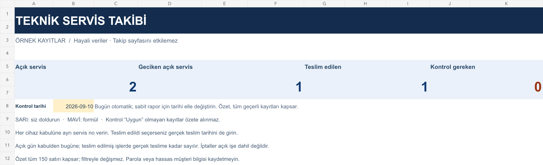 Teknik servis takibi: örnek kayıtlarla hesaplanan özet