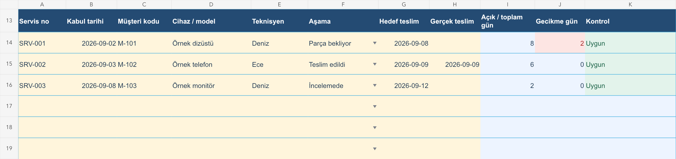 Teknik servis takibi: örnek kayıtlar ve formül sonuçları