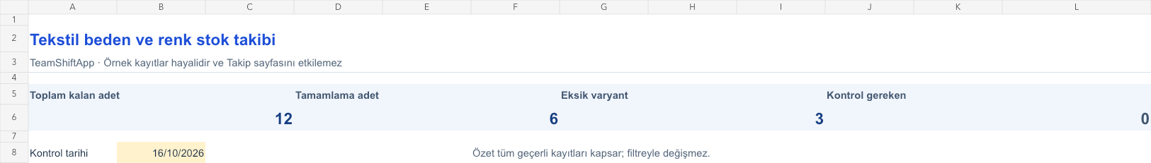 Tekstil beden ve renk stok takibi: örnek kayıtlarla hesaplanan özet