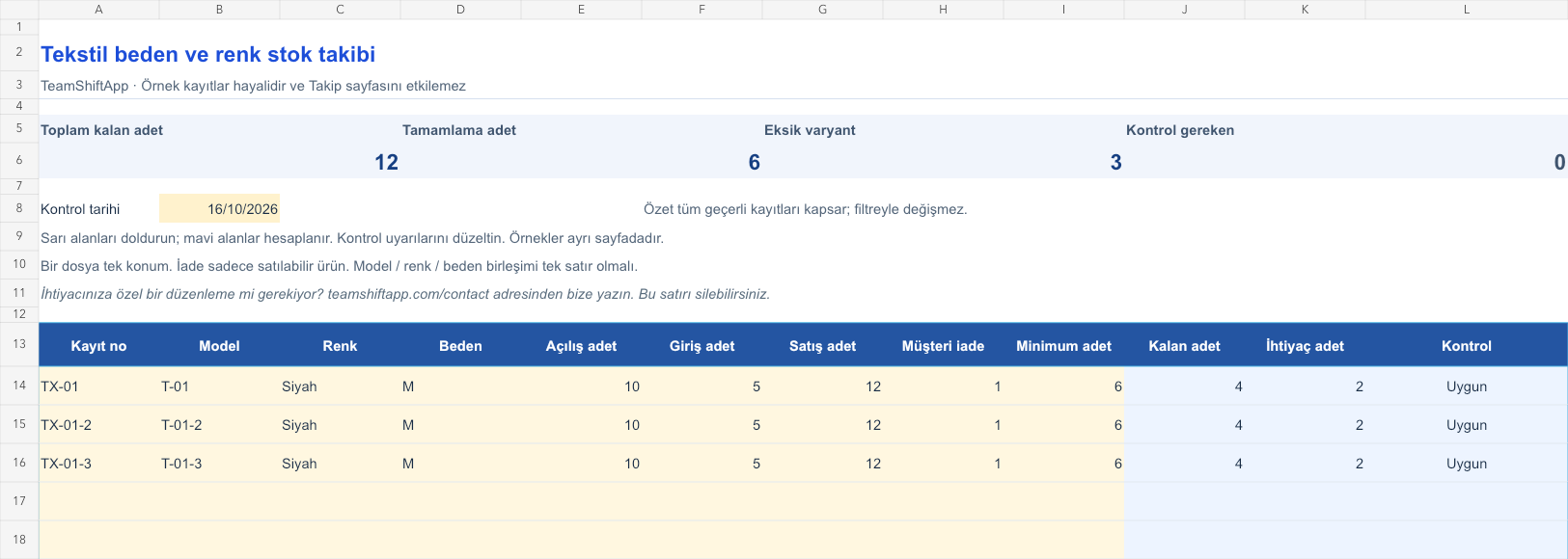 Tekstil beden ve renk stok takibi: örnek kayıtlar ve formül sonuçları