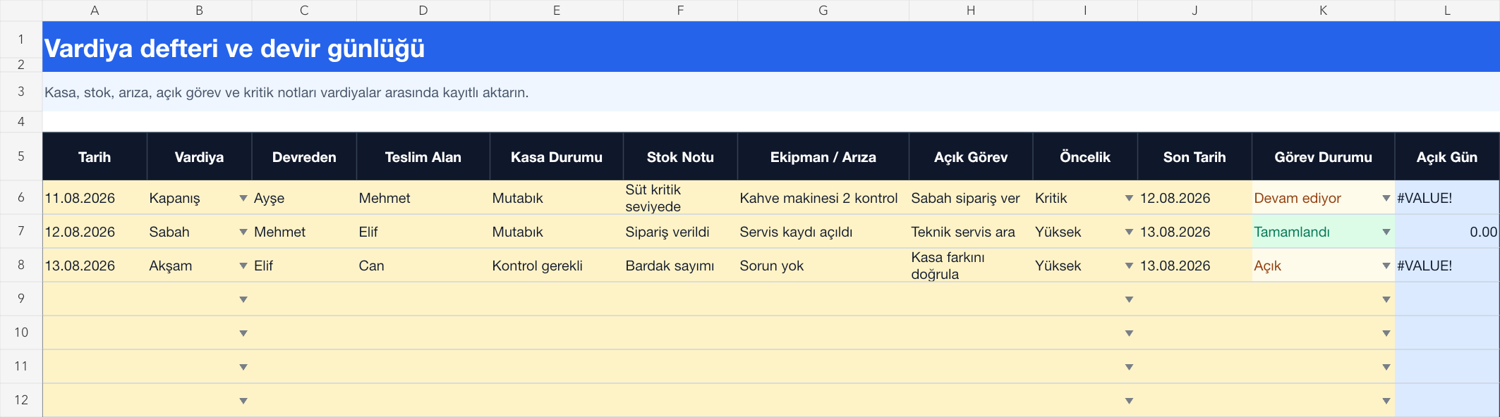 Vardiya defteri Excel takip sayfası gerçek ekran görüntüsü