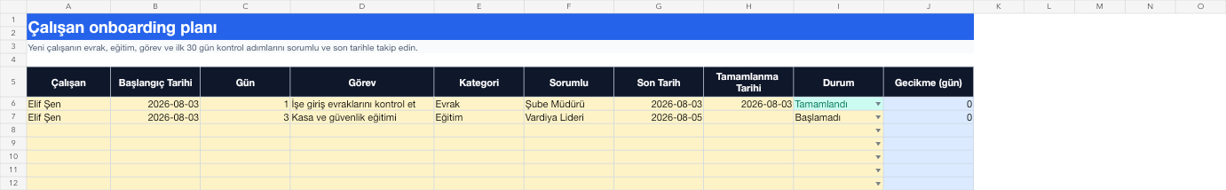 Çalışan onboarding planı Excel takip sayfası gerçek ekran görüntüsü