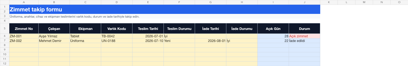 Zimmet takip formu Excel takip sayfası gerçek ekran görüntüsü